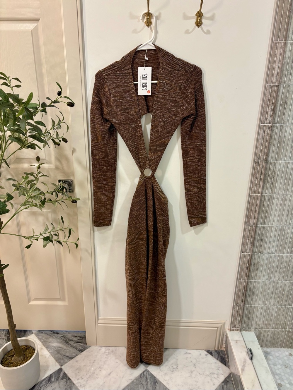 12th Tribe Brown Marled Ring-Front Long Sleeve Knit Dress